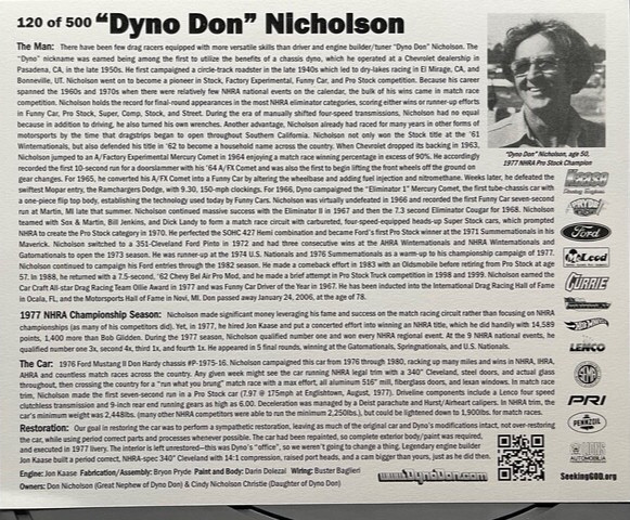VRHTF NHRA RARE DYNO DON NICHOLSON PRO STOCK-500 LIMITED EA IS NUMBERED HAND OUT