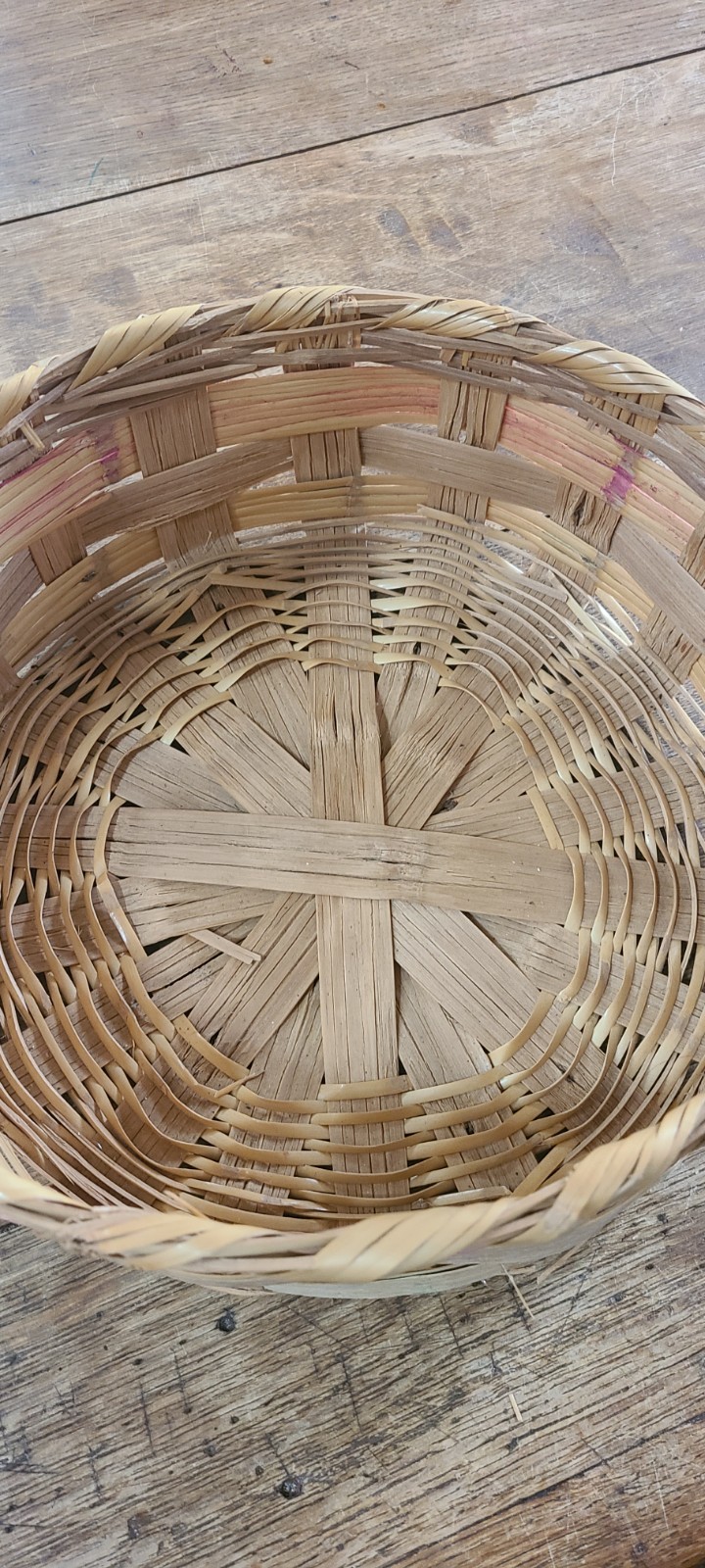 Vintage Woven Easter Basket Pink Band Handle Mexico Round Large 11.5 X 13