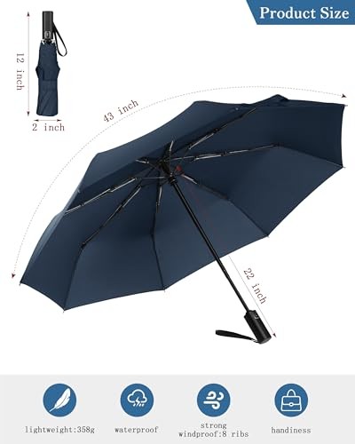 Windproof Travel Umbrella, Automatic Folding Compact Lightweight HS02-BLUE