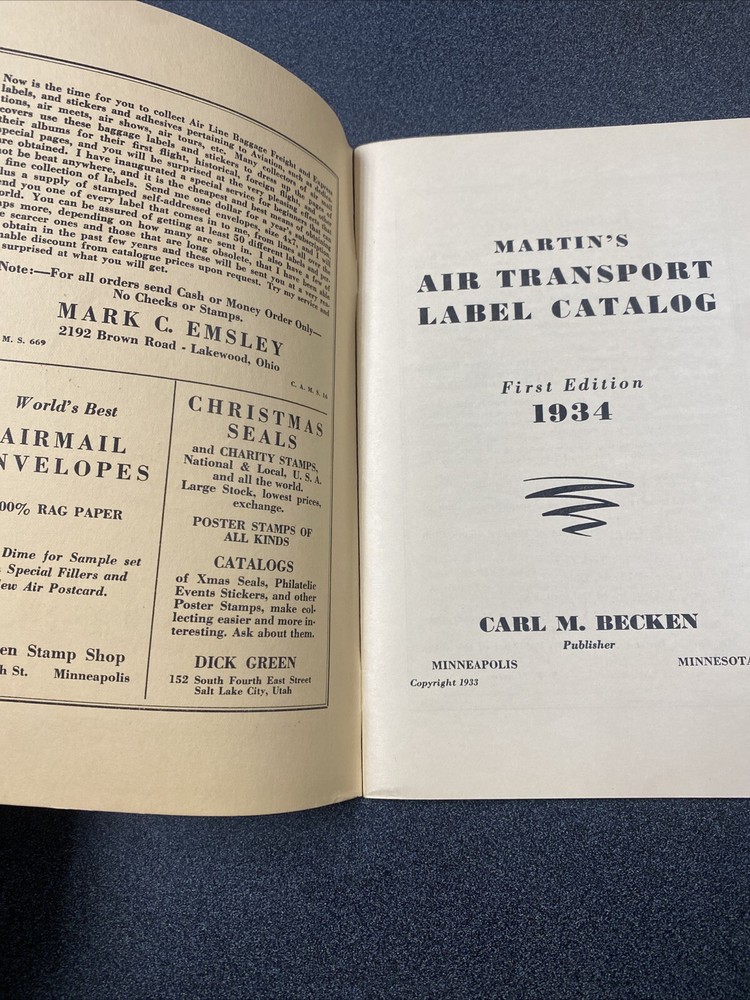 MARTIN’s Air Transport Label Catalog 1934 - Very Nice Condition