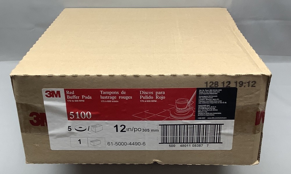 3M Red Buffer Pad 5100, 12" Floor Buffer, Machine Use (Case of 5)