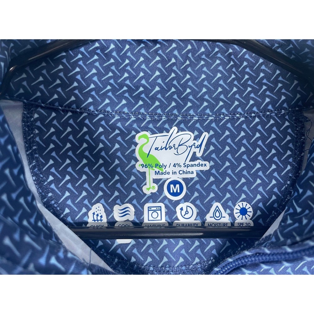 NWT TailorByrd Mens Medium Performance Quarter Zip Pullover Blue Golf Tee Print