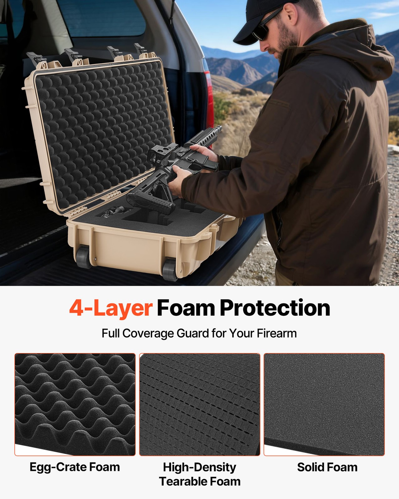 VEVOR Hard Rifle Case IP67 Waterproof Rifle Storage Case with Pre-cut Foam Khaki