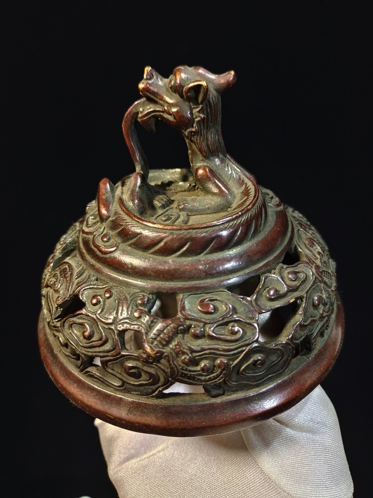 24cm Collect copper bronze dragon ear bat clouding pattern Incense burner pot