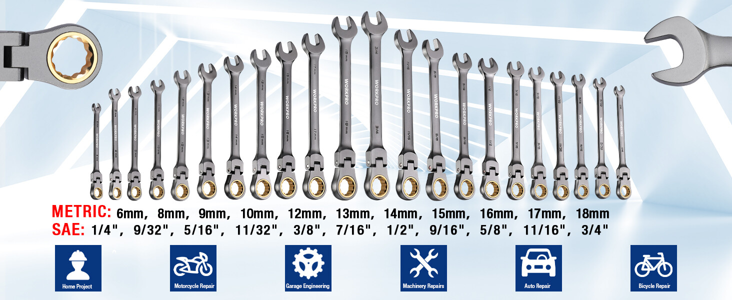 WORKPRO 22-Piece Flex-Head Ratcheting Wrench Set Metric 6-18mm & SAE 1/4-3/4"