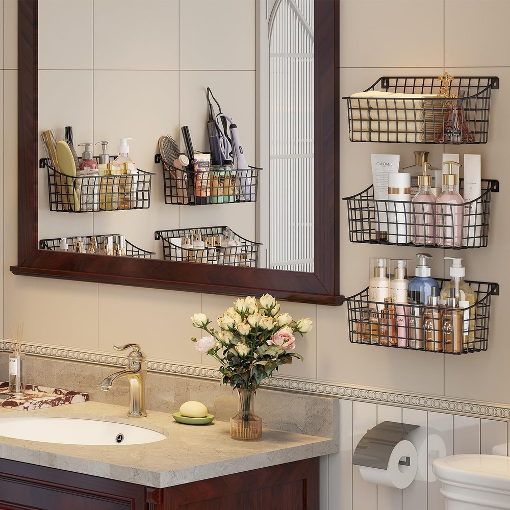 4-Pack Hanging Wall Baskets with Hooks - Pantry & Kitchen Organization Set