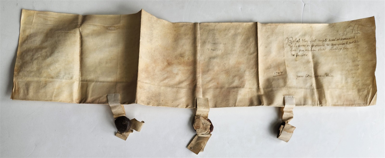 1707 MANUSCRIPT on VELLUM ANTIQUE LEGAL DOCUMENT w/ WAX SEALS in French