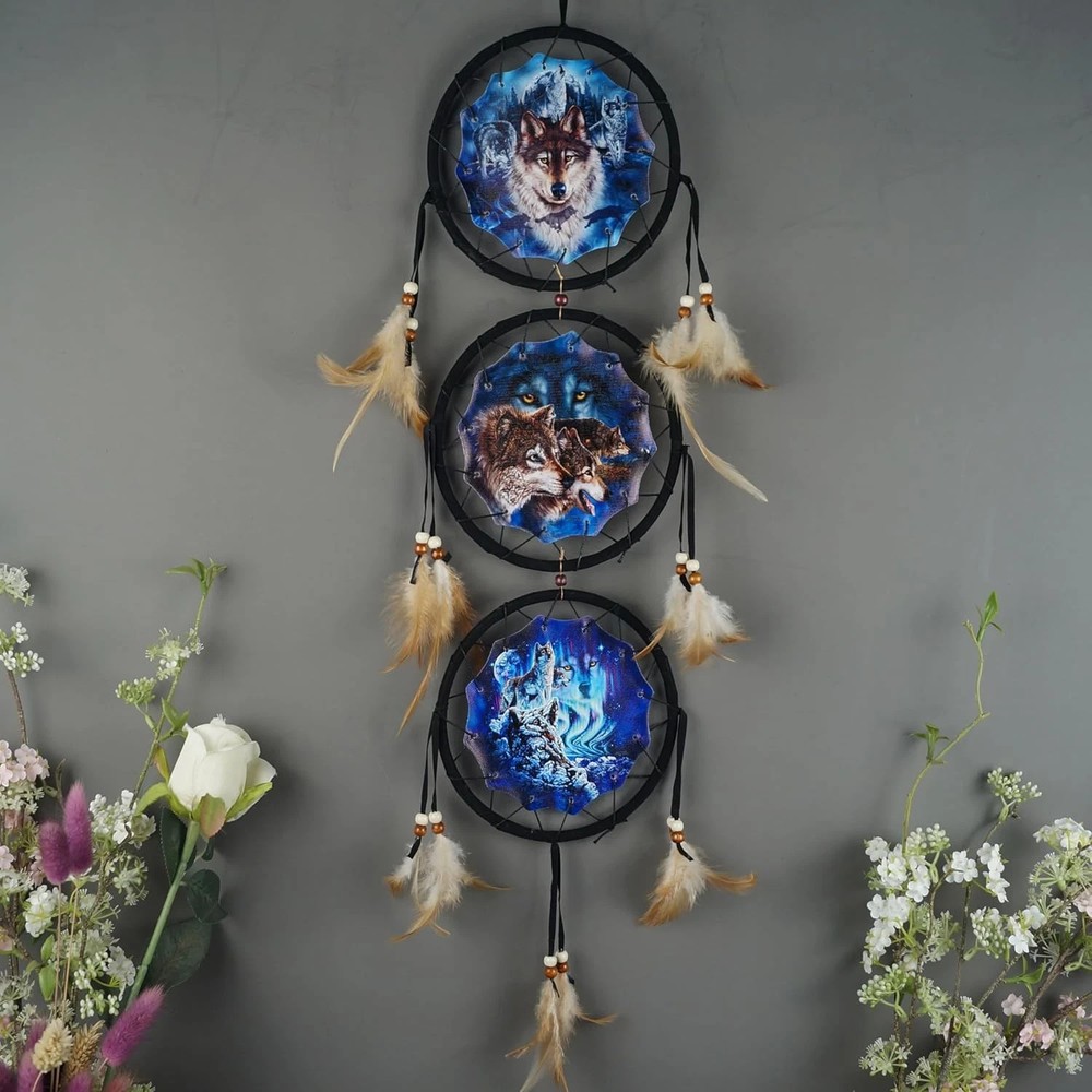 "Wolf Eagle Bear Dream Catcher, White Moon Feather Decor, 6Inch, Christmas "