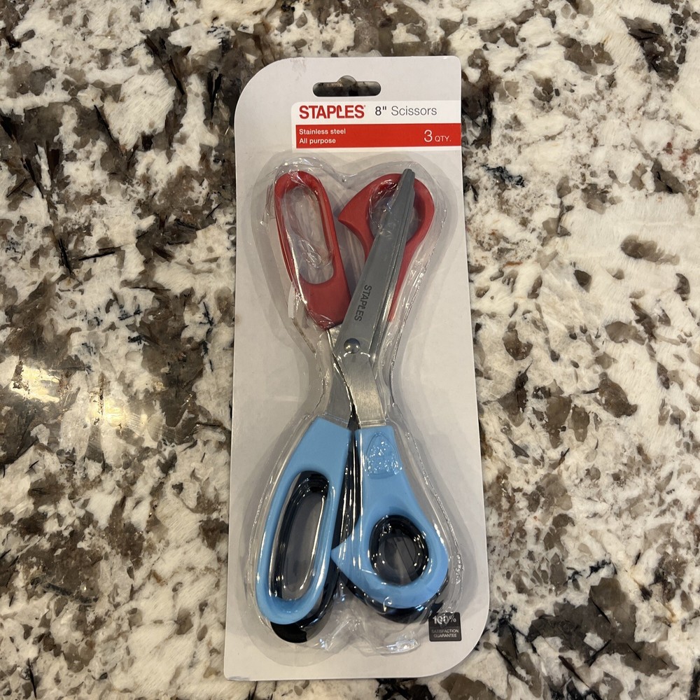 Staples 8" Bent All-Purpose Scissors, 3-Pack, Assorted Colors
