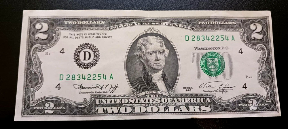 Error $2 1976 with Misaligned Treasury Seal, Raised Serial Number, Miscut Error