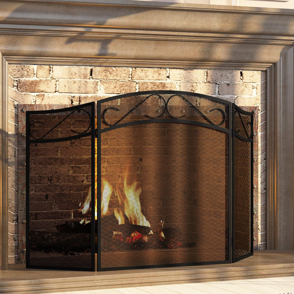 Fireplace Screen for Wood Burning Fireplace Foldable 3 Panel Wrought Iron Firepl