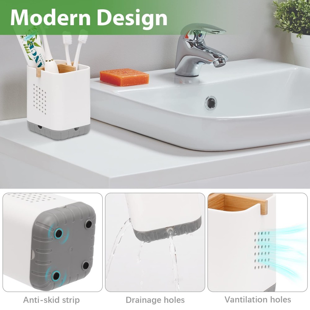 Boperzi Toothbrush and Toothpaste Holder with Bamboo Divider for White&gray