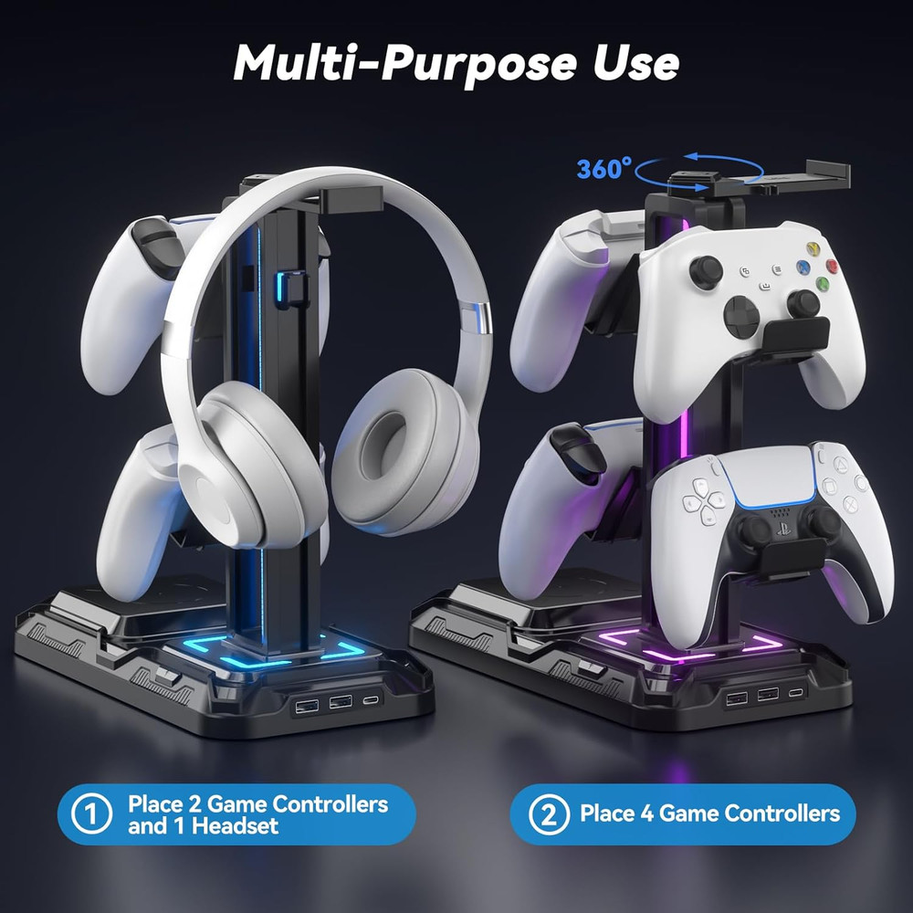 RGB Headphone & Controller Stand w/ Wireless Charging, USB-C Gamer Dock
