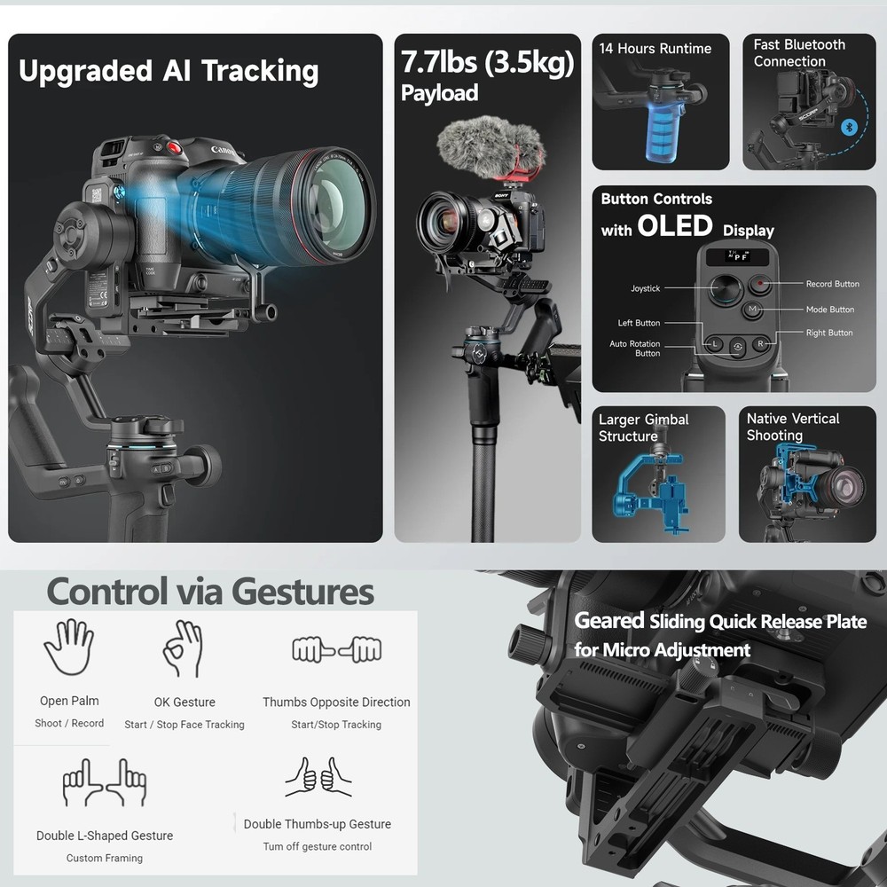 FeiyuTech SCORP-C2 Camera Gimbal Stabilizer with AI Tracking – 7.7 lbs Payload
