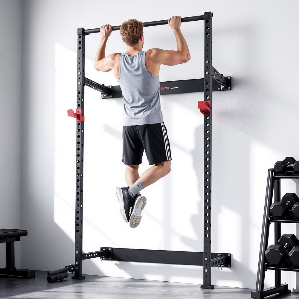 Adjustable Folding Power Rack: 1000lb, J-Hooks, Pull-Up Bar, Landmine Kit