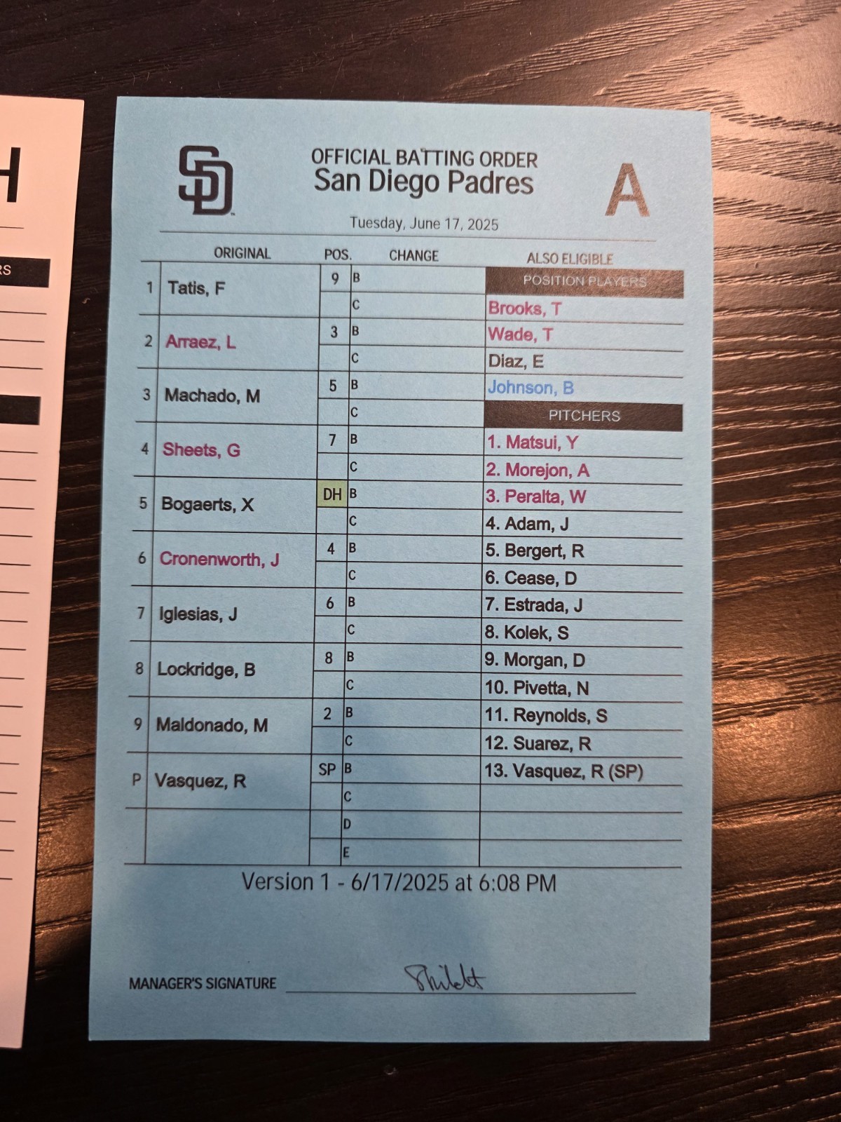 Game Used OFFICIAL BATTING ORDER LINEUP CARDS LA DODGERS & SAN DIEGO PADRES 2025