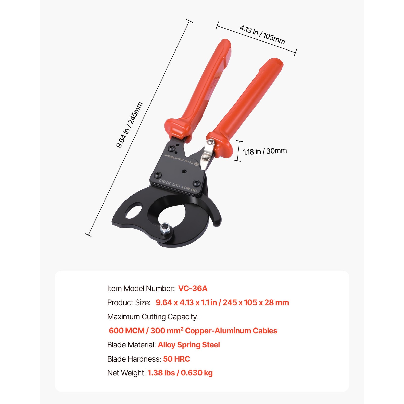 Uimoso Ratcheting Cable Cutter for Copper and Aluminum Wires up to 600MCM/300mm²