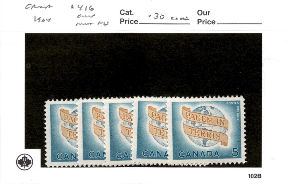 Canada, Postage Stamp, #416 (5 Ea) Mint NH, 1964 Peace Globe (AB)