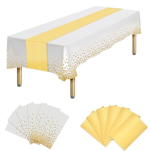Plastic White Table Cloth Tablecloth Rectangle Table 12 Packs White and Gold