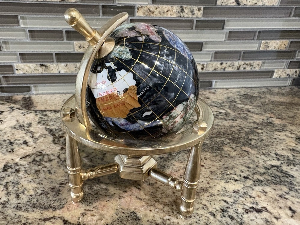 Desk Table Inlaid Gemstone Globe About 5” (g)