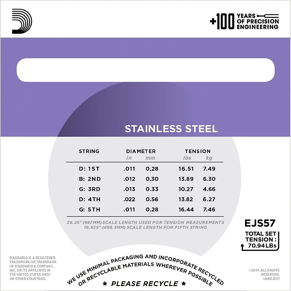 D'Addario EJS57 Stainless Steel Custom Medium 5-String Banjo Strings (11-22)