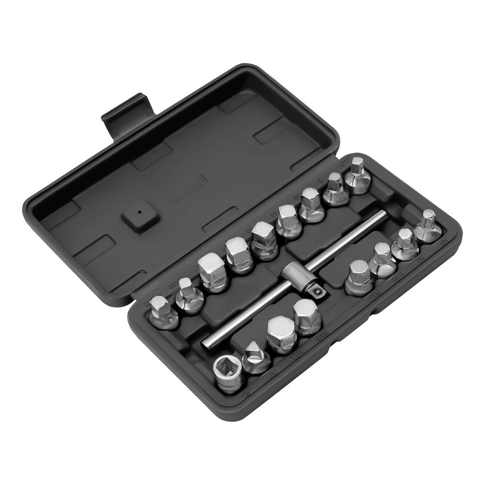 18PCS Oil Drain Pipe Plug Square Triangle Socket 3/8'' Drive Removal Tool Set