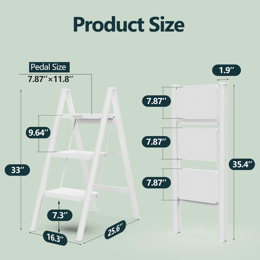 3 Step Ladder, Folding Step Stool with Wide Pedals, Compact Stepping Stool fo...