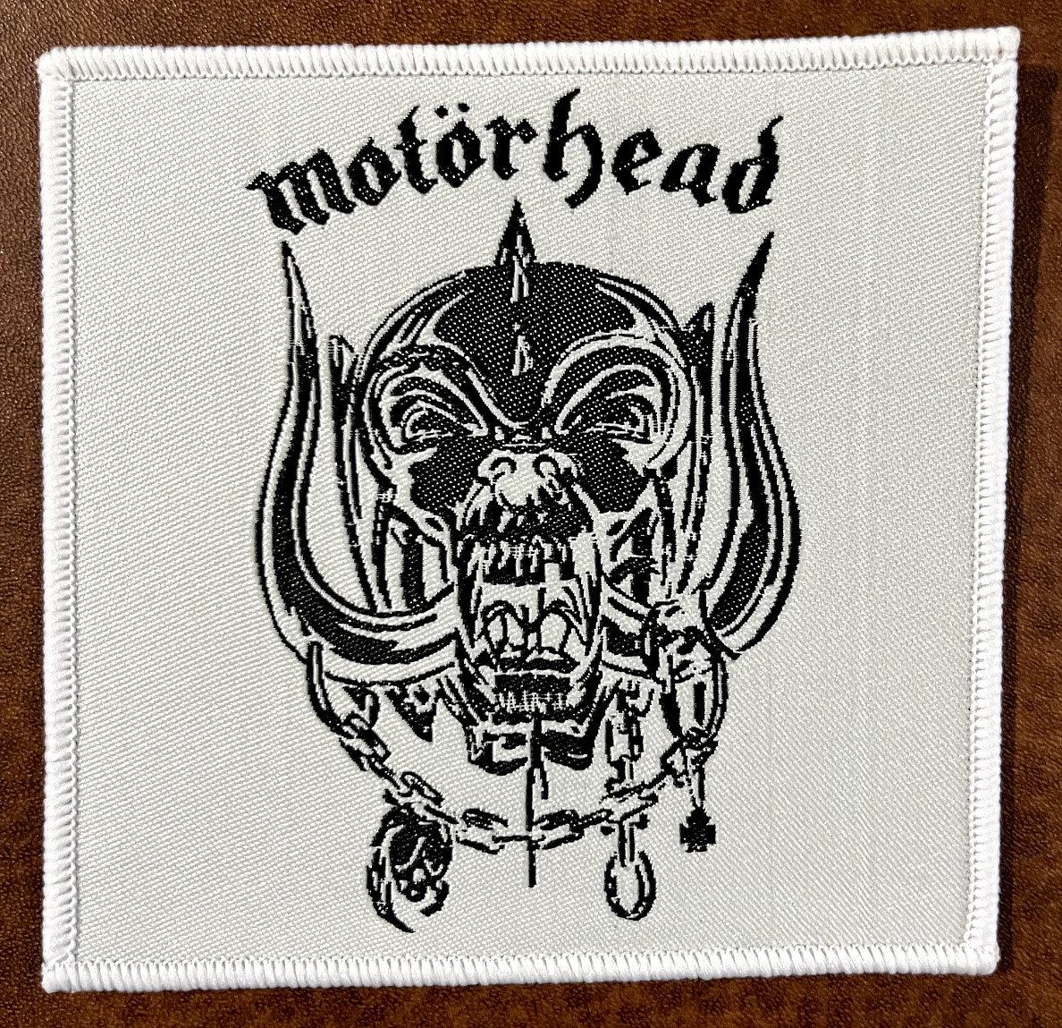 MOTORHEAD + LOGO, SEW ON WHITE BORDER WOVEN PATCH
