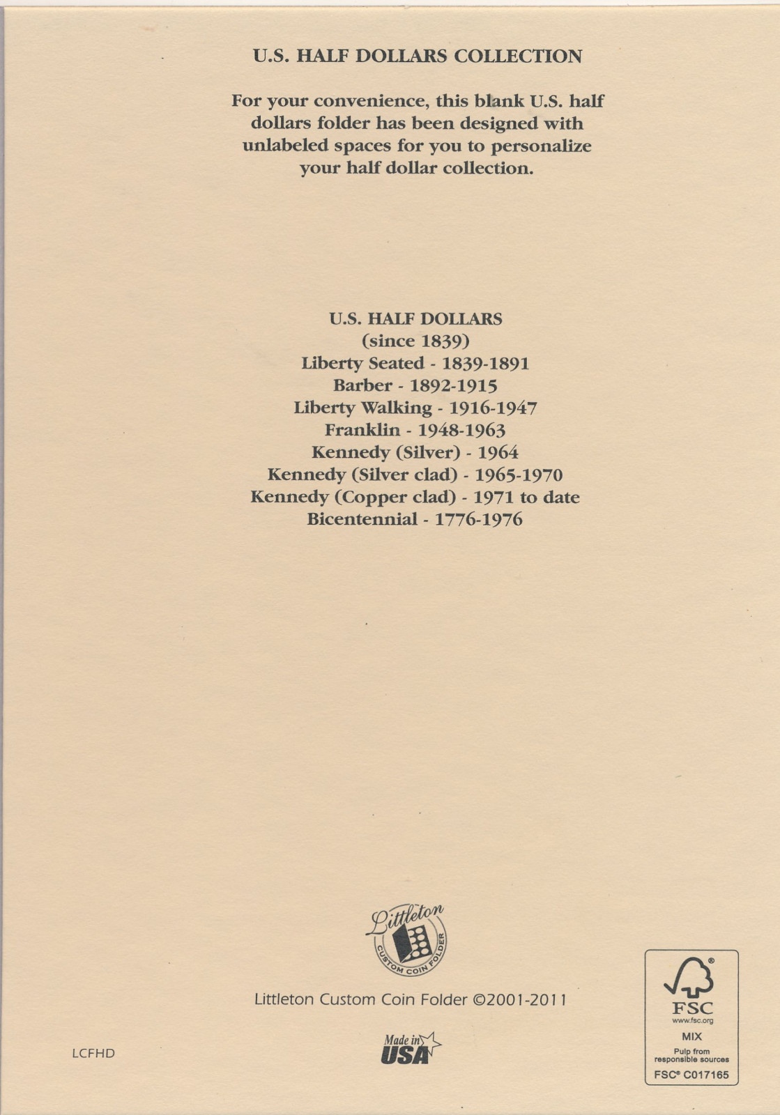 Littleton Coin Folder LCFHD Blank Half Dollar Album / Book 50 cent