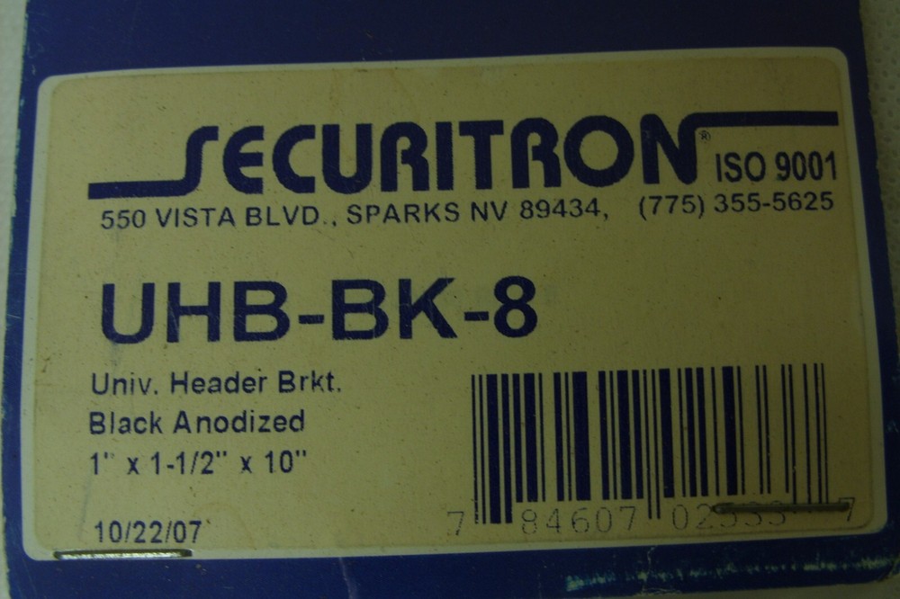 SECURITRON - Universal Header Bracket Kit - Black Anodized UHB-BK-8 *NOS*
