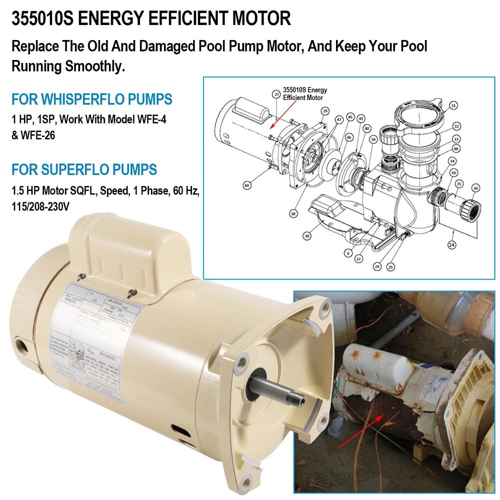 For WhisperFlo High Performance Pool Pumps Energy Efficient Replacement Motor