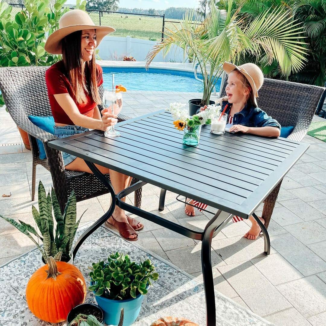 Patio Table with Umbrella Hole Outdoor Dining Table Metal Square for 4 Person