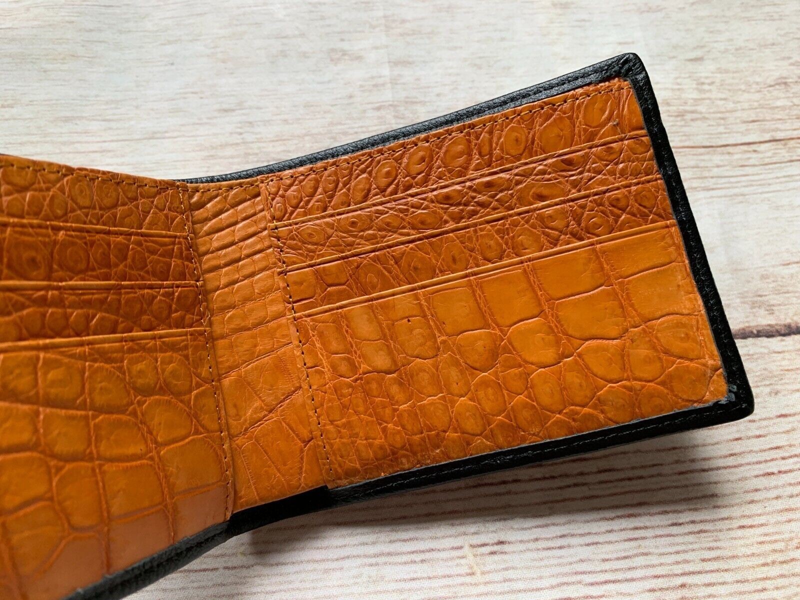 Black/Orange Leather Bifold Wallet Handmade RFID Blocking