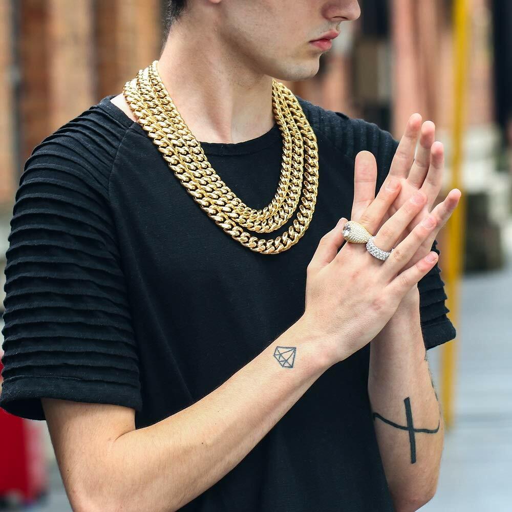 Men's Miami Cuban Link Bracelet&Chain Combo Set 14K Gold Plated Stainless Steel