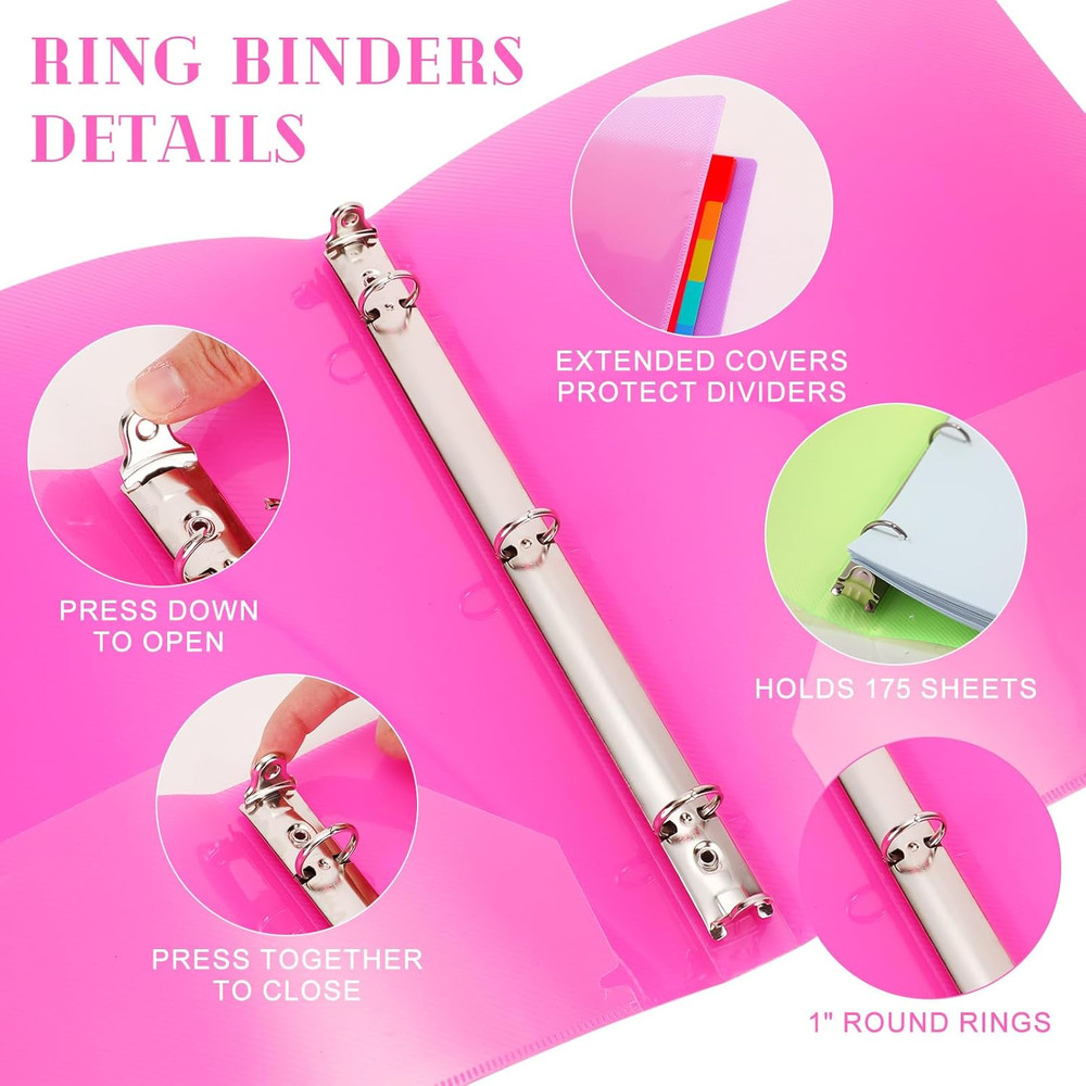 6 Pack Plastic 3 Ring Binder Assorted Colors Economy Flexible Round Ring Present