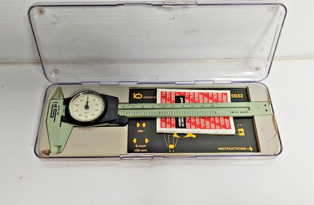 Vtg SPI 30-414-7 Swiss Made Plastic 6" Dial Caliper with Case