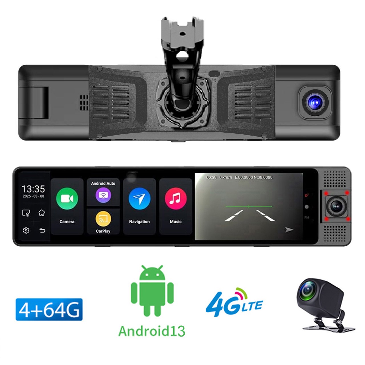 3 Channel 12"Car Rearview Mirror Dash Cam 4G Android 13 GPS Navi Camera Recorder
