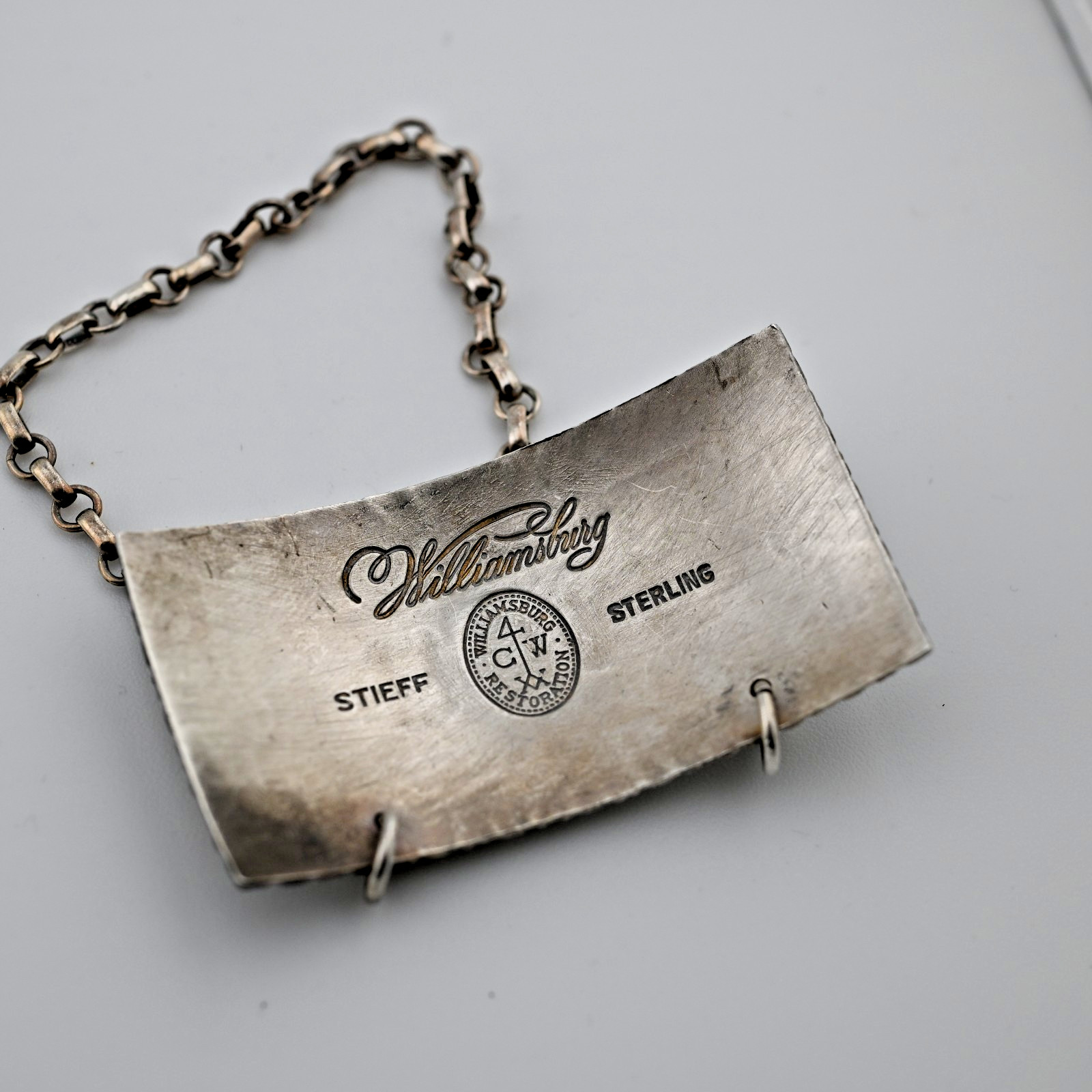 Sterling Silver Stieff Williamsburg Restoration Decanter Label Tag RUM