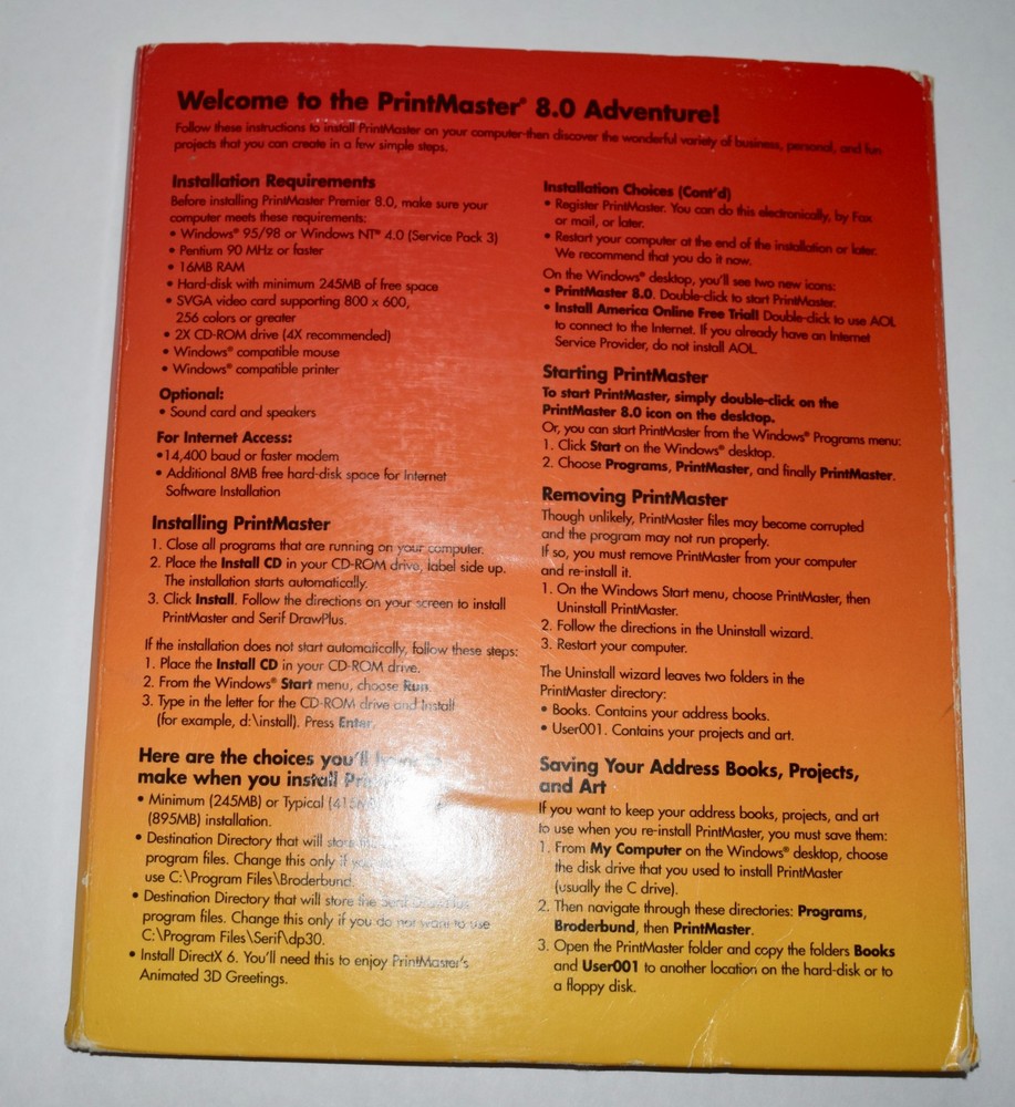 PrintMaster Premier 8.0 PC Software WINDOWS 95 98 Install, Program, 9 Art CDs