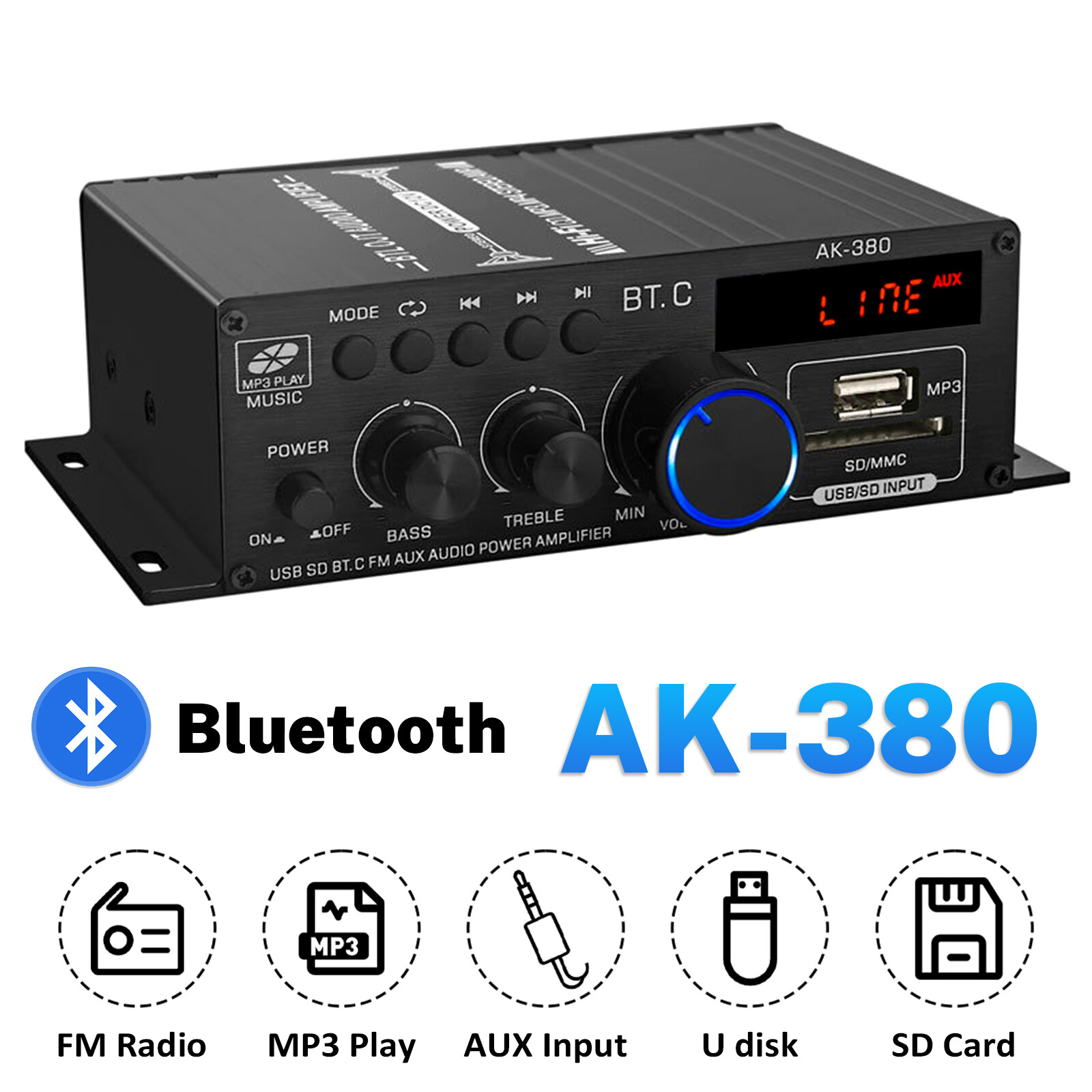 2 Channel 800W bluetooth Mini HIFI Power Amplifier Audio Stereo Amp Home Car FM
