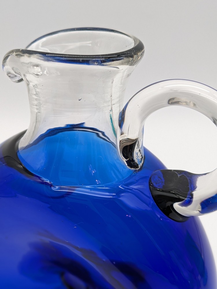 Hand Blown Art Glass Cobalt Blue Pinched Pitcher Applied Handle