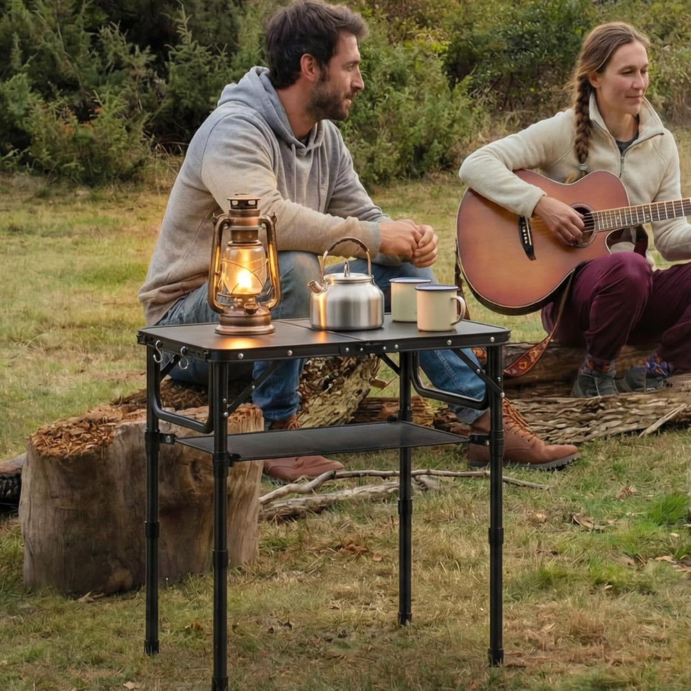 Small Folding Camping Table with Storage Net, 3 Adjustable Heights Foldable Tabl