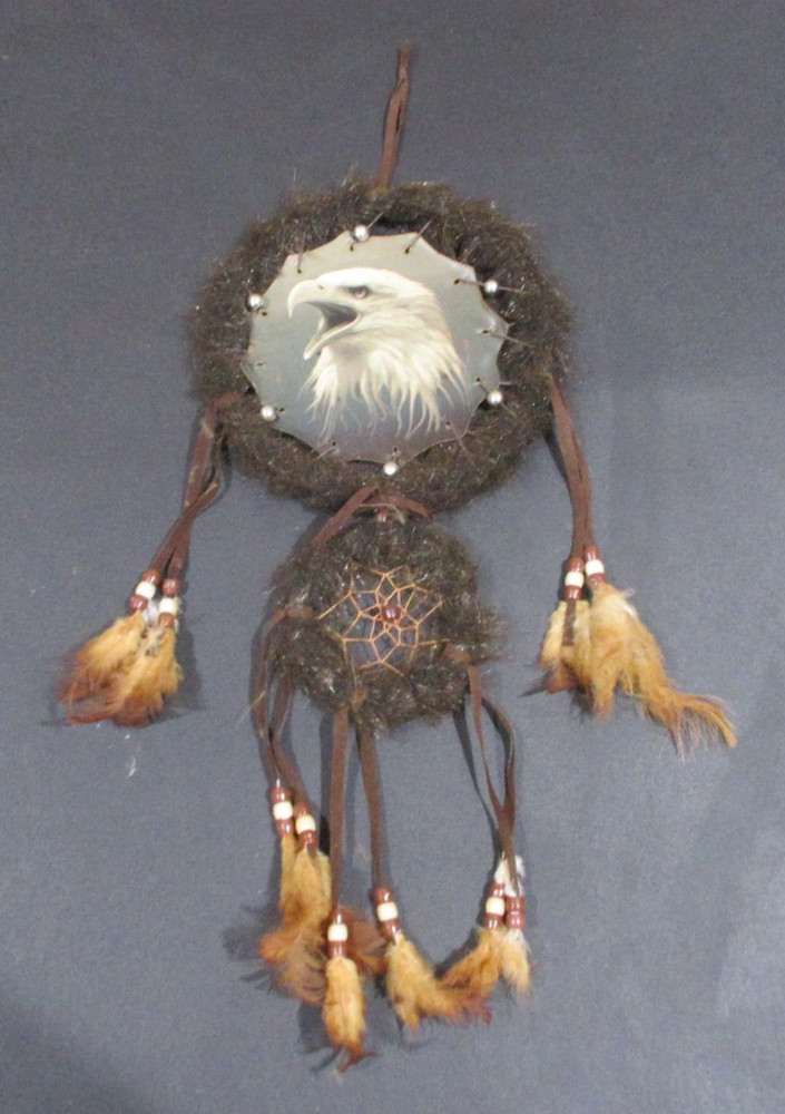 Two Circle Feathered 7" Dream Catcher With Bald Eagle