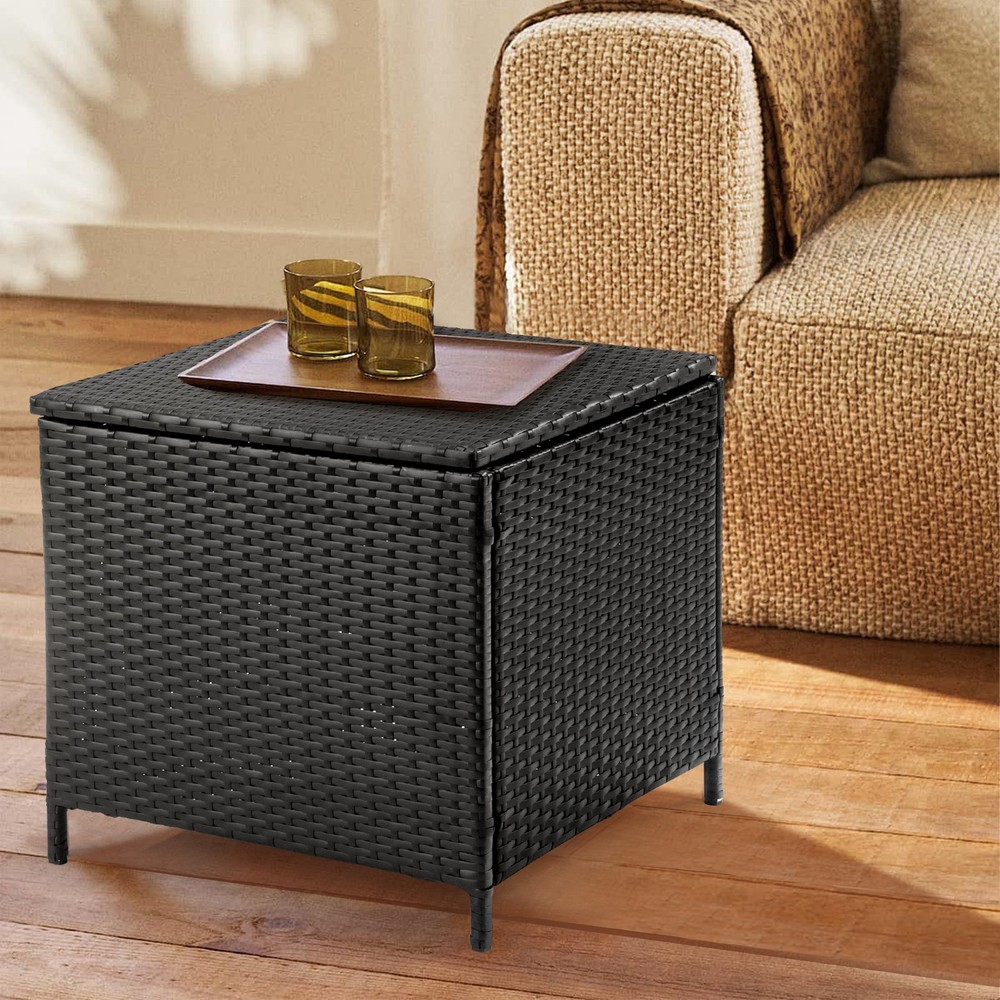 PE Wicker Side Table with Storage, Patio Rattan End Table Square Container