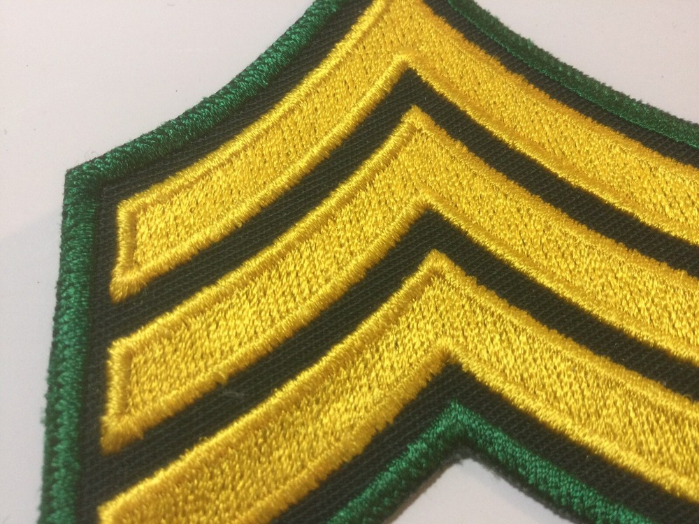 (2) Sergeant Chevron - 3 YELLOW stripes on BLACK Patch (Green Border)