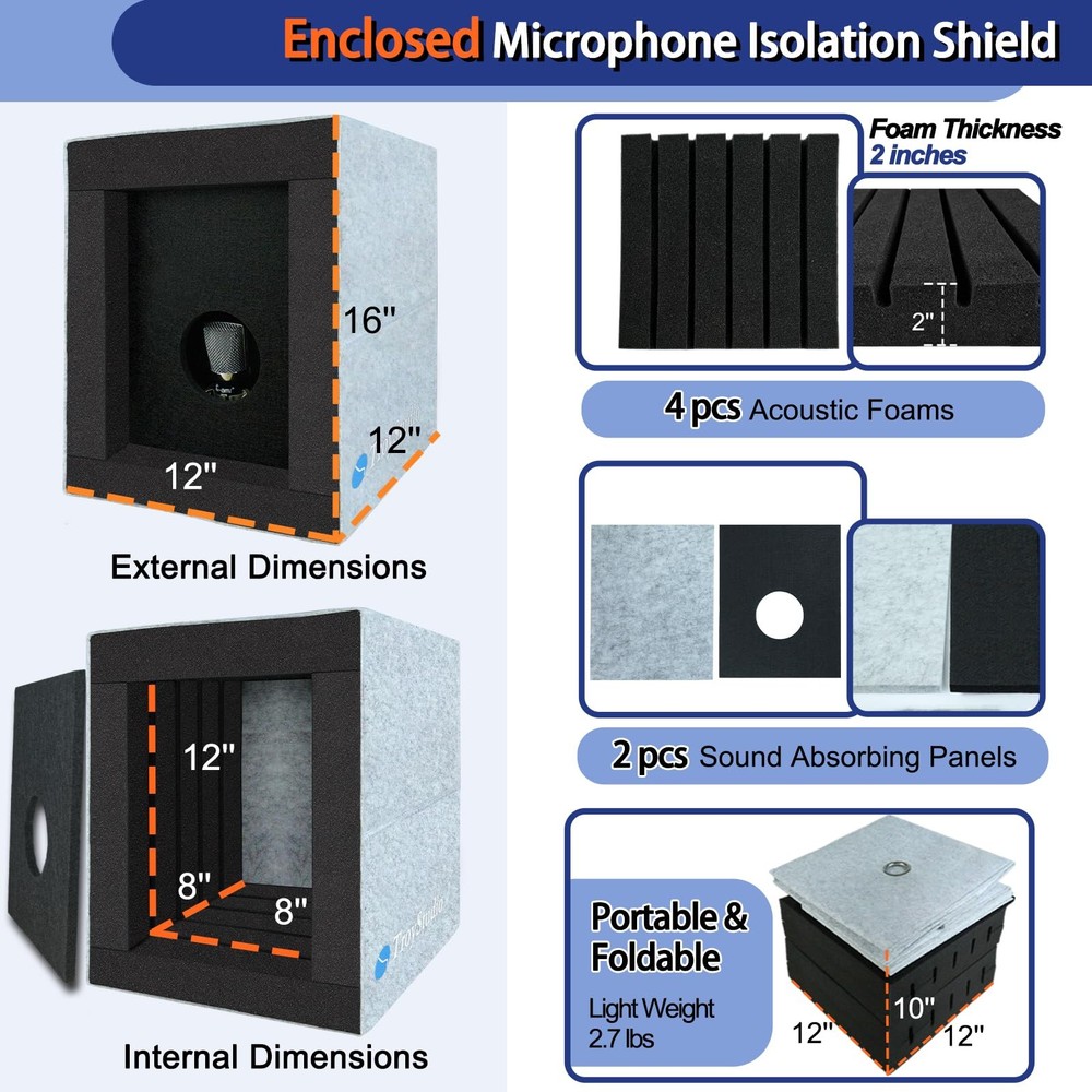 Enclosed Vocal Booth Portable Microphone Isolation Shield Foldable