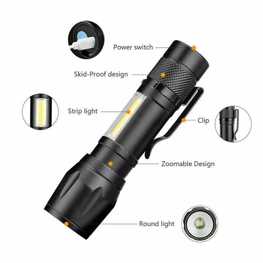 2× Tactical LED Flashlight USB Rechargeable 3 Modes Light Zoomable Lamp Torch US