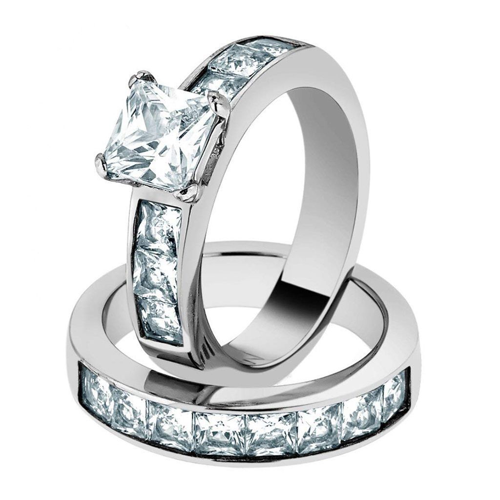Princess Round Cut AAA CZ Stainless Steel Wedding Band Ring Set Women Size 6-10