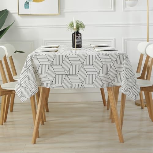 Rectangle Tablecloth, Cotton Linen Geometric 108" x 52" (Rectangular) White