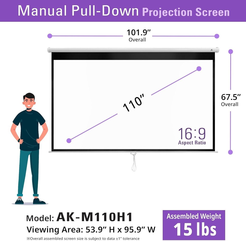110 Inch Manual Pull Down Projector Screen, 16:9 Retractable Projection Screen